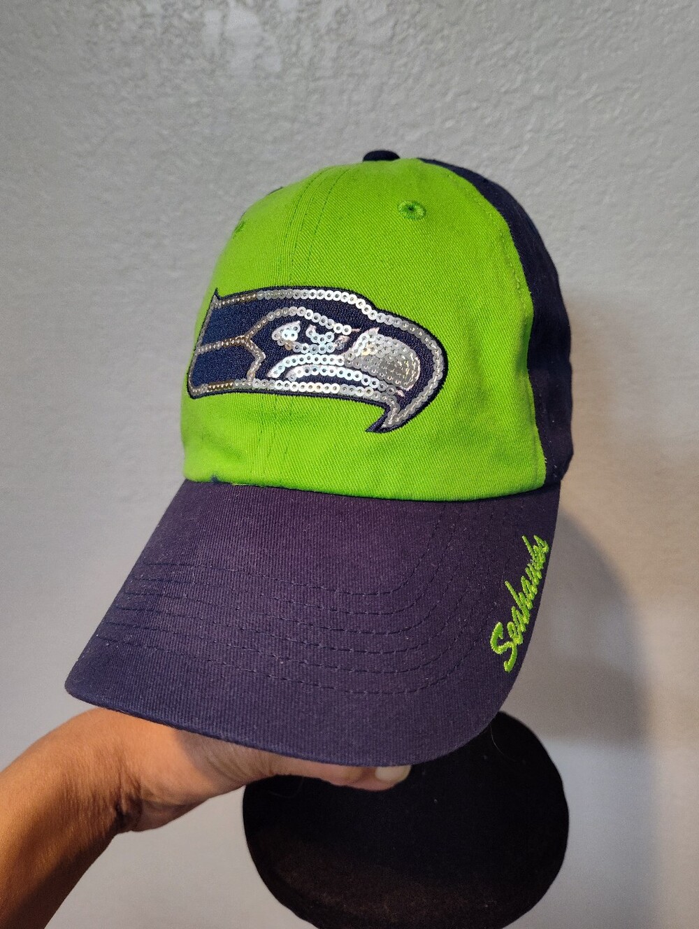 NFL Seattle Seahawks Green and Navy Sequin Logo Cap